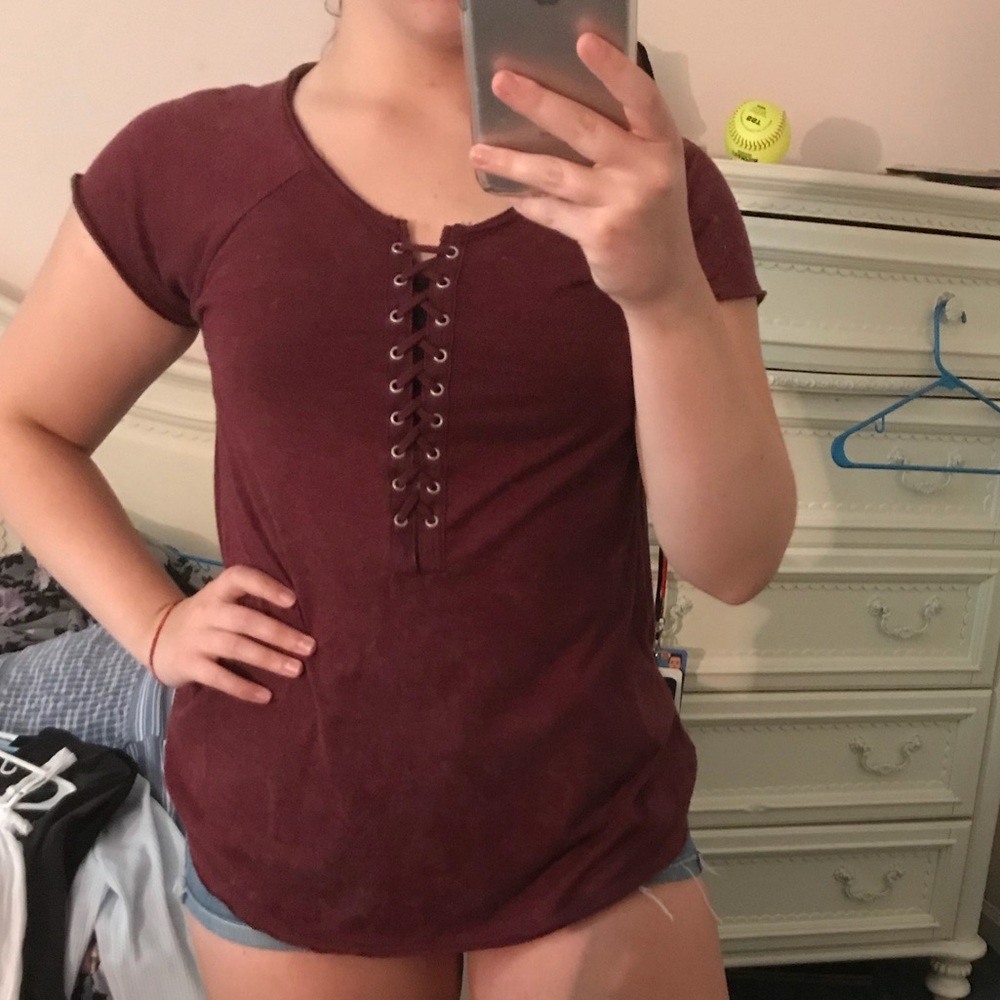 Burgundy Lace Up Tee